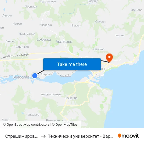 Страшимирово / Strashimirovo to Технически университет - Варна (Technical University of Varna) map