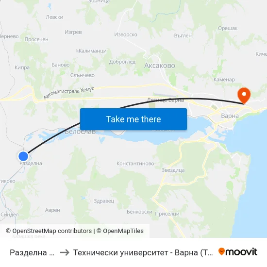 Разделна / Razdelna to Технически университет - Варна (Technical University of Varna) map
