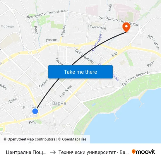 Централна Поща / Central Post Office to Технически университет - Варна (Technical University of Varna) map
