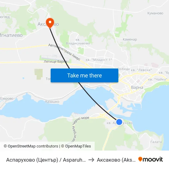 Аспарухово (Център) / Asparuhovo (Center) to Аксаково (Aksakovo) map