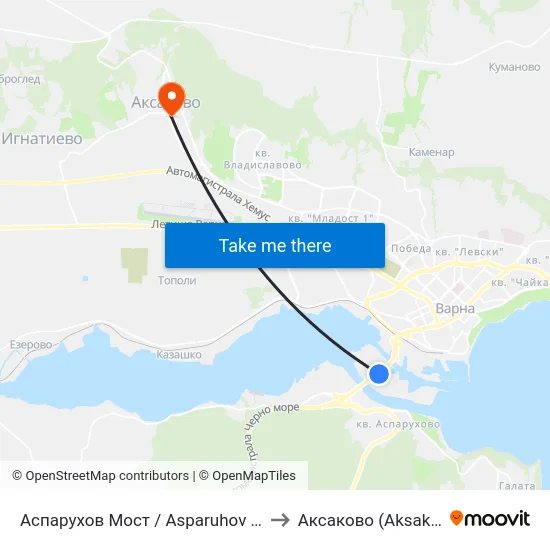 Аспарухов Мост / Asparuhov Bridge to Аксаково (Aksakovo) map