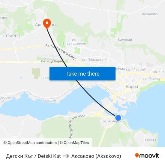 Детски Кът / Detski Kat to Аксаково (Aksakovo) map
