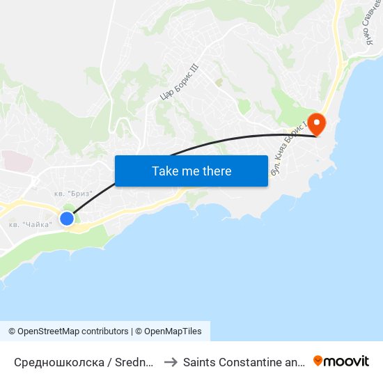 Средношколска / Srednoshkolska to Saints Constantine and Helena map