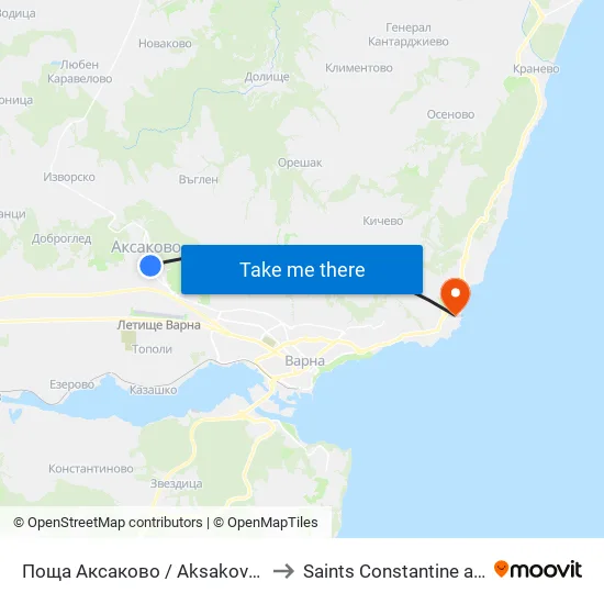 Поща Аксаково / Aksakovo Post Office to Saints Constantine and Helena map