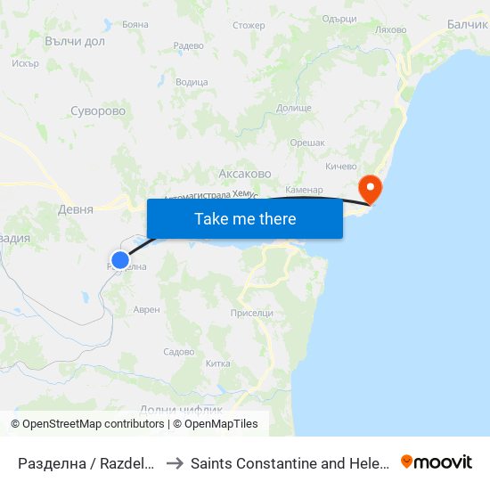 Разделна / Razdelna to Saints Constantine and Helena map