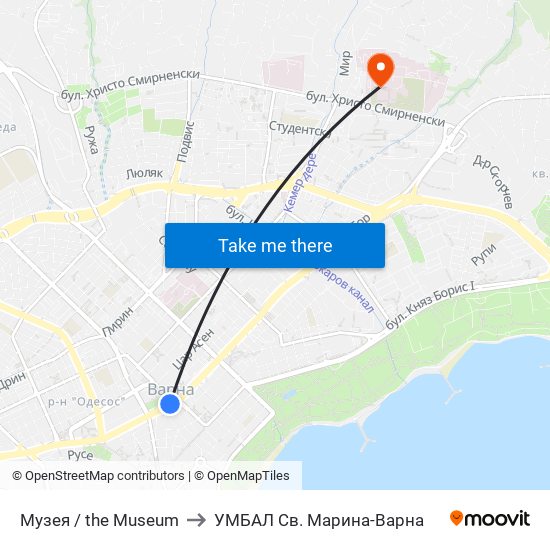 Музея / the Museum to УМБАЛ Св. Марина-Варна map