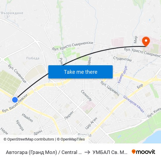 Автогара (Гранд Мол) / Central Bus Station (Grand Mall) to УМБАЛ Св. Марина-Варна map