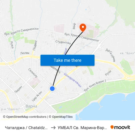 Чаталджа / Chataldzha to УМБАЛ Св. Марина-Варна map