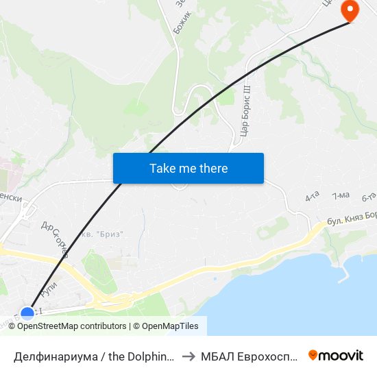 Делфинариума / the Dolphinarium to МБАЛ Еврохоспитал map