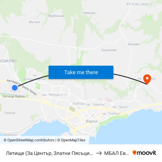 Летище  (За Център, Златни Пясъци) / Airport  (For Center, Golden Sands) to МБАЛ Еврохоспитал map