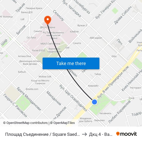 Площад Съединение / Square Saedinenie to Дкц 4 - Варна map