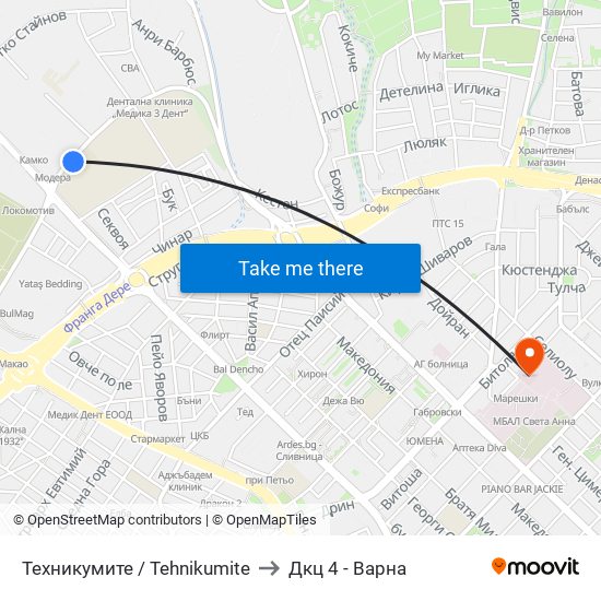 Техникумите / Tehnikumite to Дкц 4 - Варна map