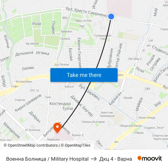 Военна Болница / Military Hospital to Дкц 4 - Варна map
