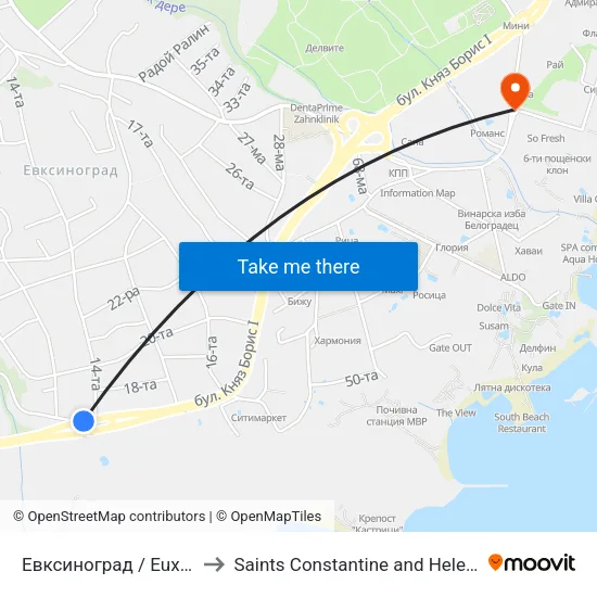 Евксиноград / Euxinograd to Saints Constantine and Helena Resort map