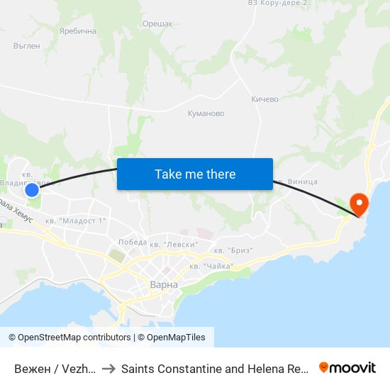 Вежен / Vezhen to Saints Constantine and Helena Resort map