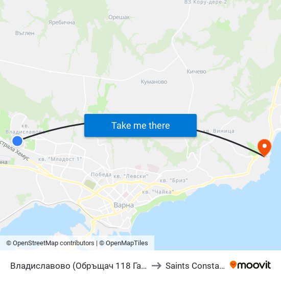 Владиславово (Обръщач 118 Газстанция) / Vladislavovo (Tumbler 118 Gas Station) to Saints Constantine and Helena Resort map