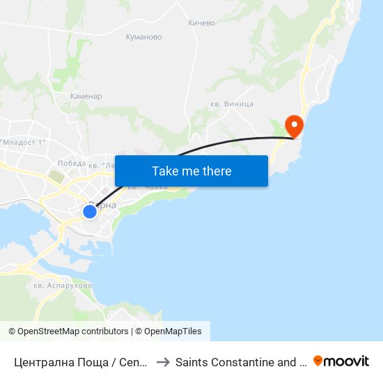 Централна Поща / Central Post Office to Saints Constantine and Helena Resort map