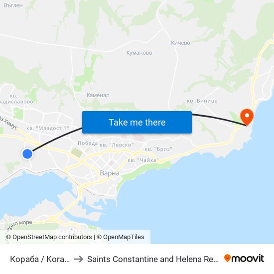 Кораба / Koraba to Saints Constantine and Helena Resort map