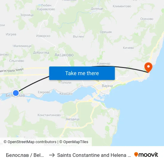 Белослав / Beloslav to Saints Constantine and Helena Resort map