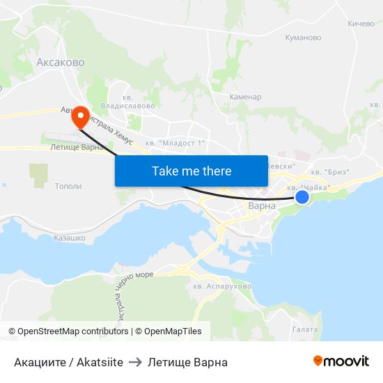 Акациите / Akatsiite to Летище Варна map