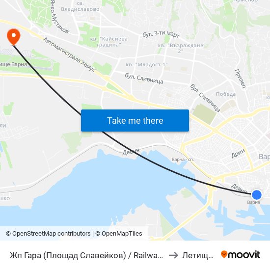 Жп Гара (Площад Славейков) / Railway Station (Slaveykov Square) to Летище Варна map