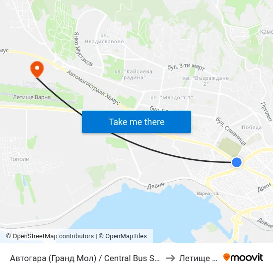 Автогара (Гранд Мол) / Central Bus Station (Grand Mall) to Летище Варна map