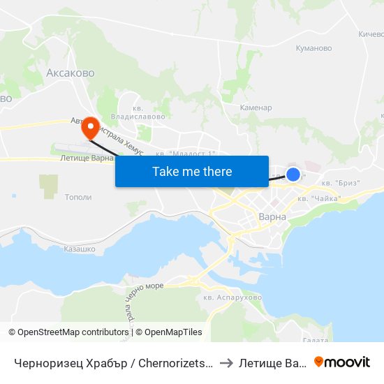 Черноризец Храбър / Chernorizets Hrabar to Летище Варна map