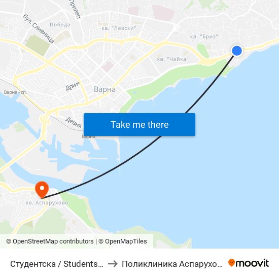 Студентска / Studentska to Поликлиника Аспарухово map