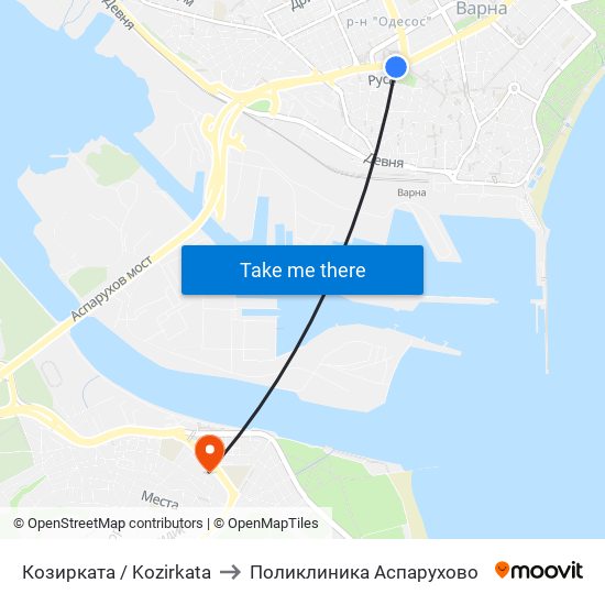 Козирката / Kozirkata to Поликлиника Аспарухово map