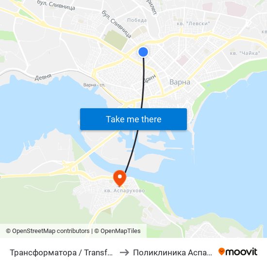Трансформатора / Transformatora to Поликлиника Аспарухово map