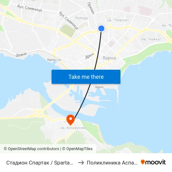 Стадион Спартак / Spartak Stadium to Поликлиника Аспарухово map