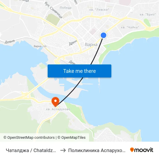 Чаталджа / Chataldzha to Поликлиника Аспарухово map