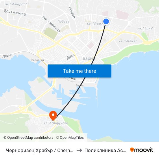 Черноризец Храбър / Chernorizets Hrabar to Поликлиника Аспарухово map