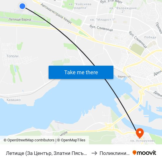 Летище  (За Център, Златни Пясъци) / Airport  (For Center, Golden Sands) to Поликлиника Аспарухово map