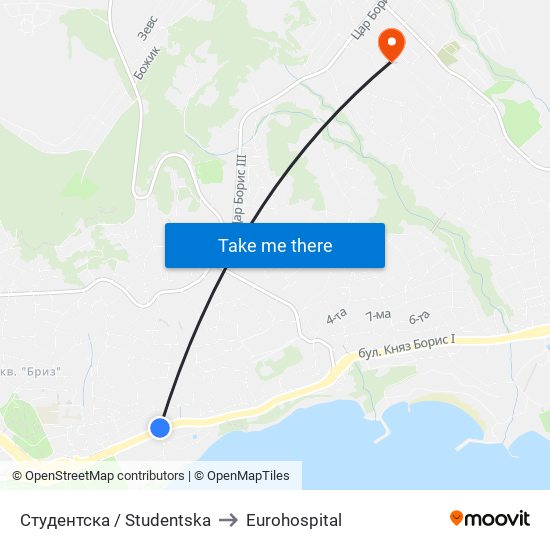 Студентска / Studentska to Eurohospital map