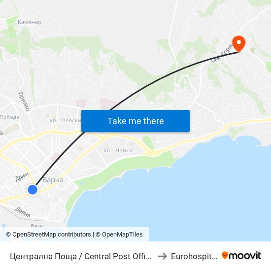 Централна Поща / Central Post Office to Eurohospital map
