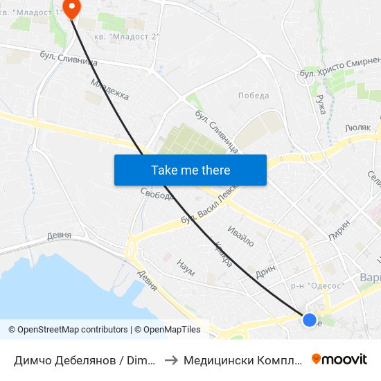 Димчо Дебелянов / Dimcho Debelyanov to Медицински Комплекс Младост map