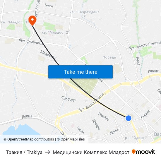 Тракия / Trakiya to Медицински Комплекс Младост map