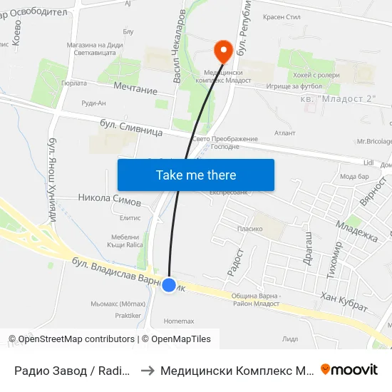 Радио Завод / Radio Plant to Медицински Комплекс Младост map