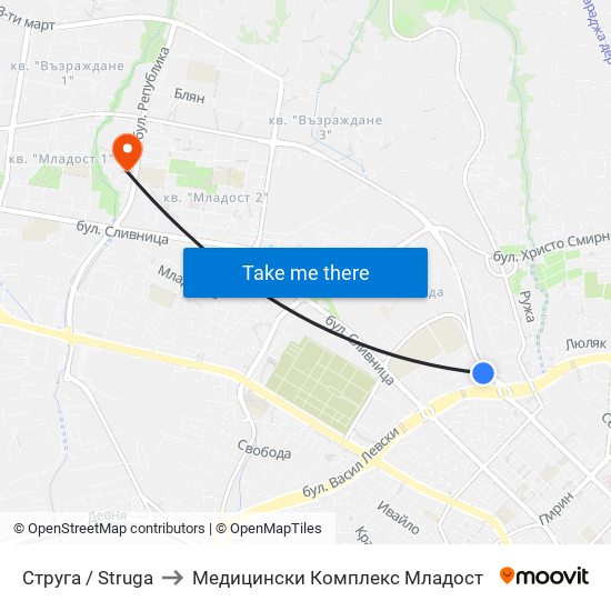 Струга / Struga to Медицински Комплекс Младост map