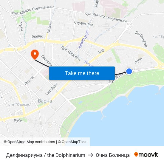 Делфинариума / the Dolphinarium to Очна Болница map