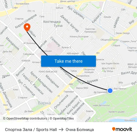 Спортна Зала / Sports Hall to Очна Болница map