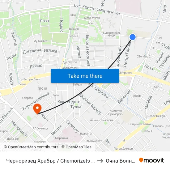 Черноризец Храбър / Chernorizets Hrabar to Очна Болница map