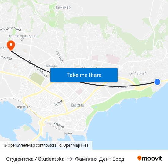 Студентска / Studentska to Фамилия Дент Еоод map