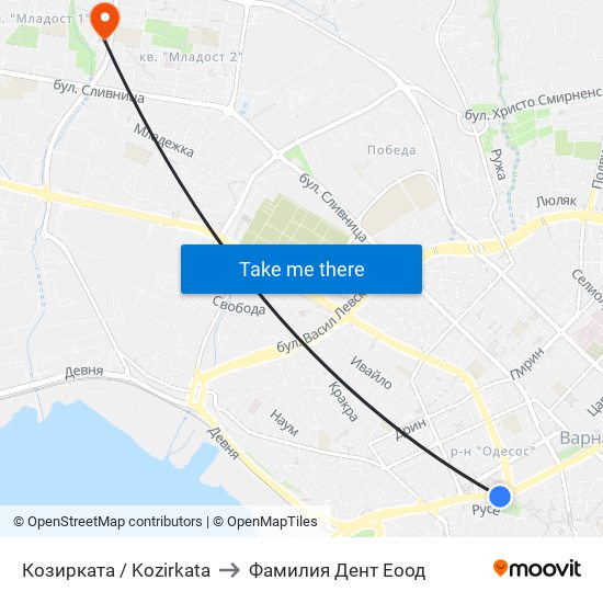 Козирката / Kozirkata to Фамилия Дент Еоод map