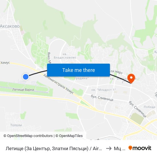 Летище  (За Център, Златни Пясъци) / Airport  (For Center, Golden Sands) to Мц Нова map