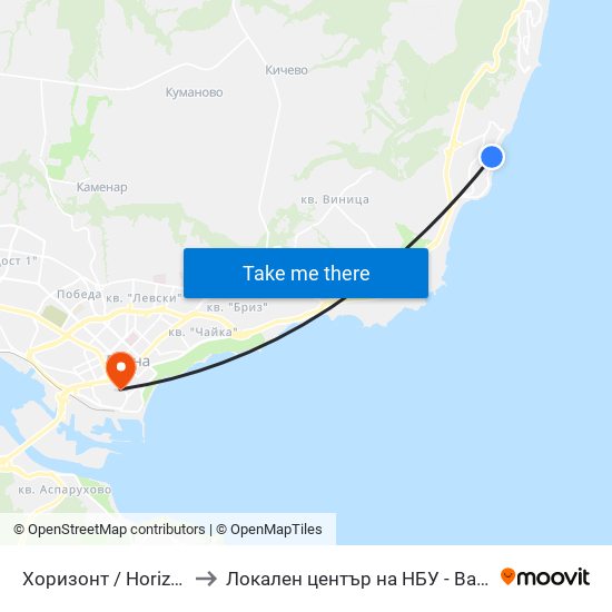 Хоризонт / Horizont to Локален център на НБУ - Варна map