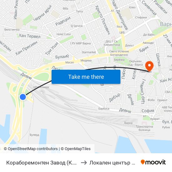 Кораборемонтен Завод (К.З.) / Ship Repair Plant to Локален център на НБУ - Варна map