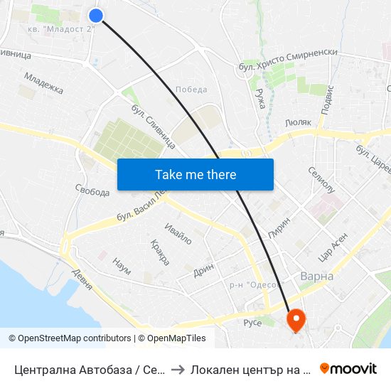 Централна Автобаза / Central Autobase to Локален център на НБУ - Варна map