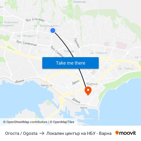 Огоста / Ogosta to Локален център на НБУ - Варна map